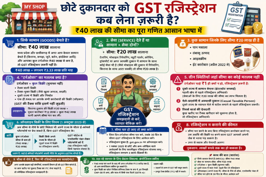 छोटे दुकानदार को GST रजिस्ट्रेशन कब लेना ज़रूरी है? ₹40 लाख की सीमा का पूरा गणित आसान भाषा में
